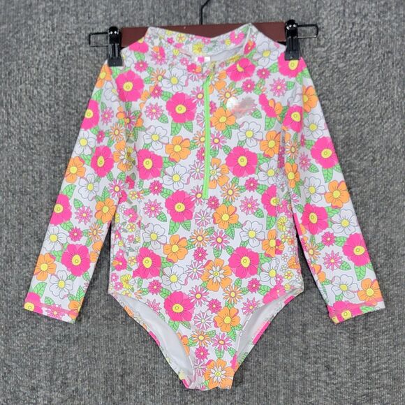 Betsey Johnson 1 Pc Rash Guard Girls 5 White Pink Long Sleeve Bodysuit Swimsuit - Picture 1 of 11